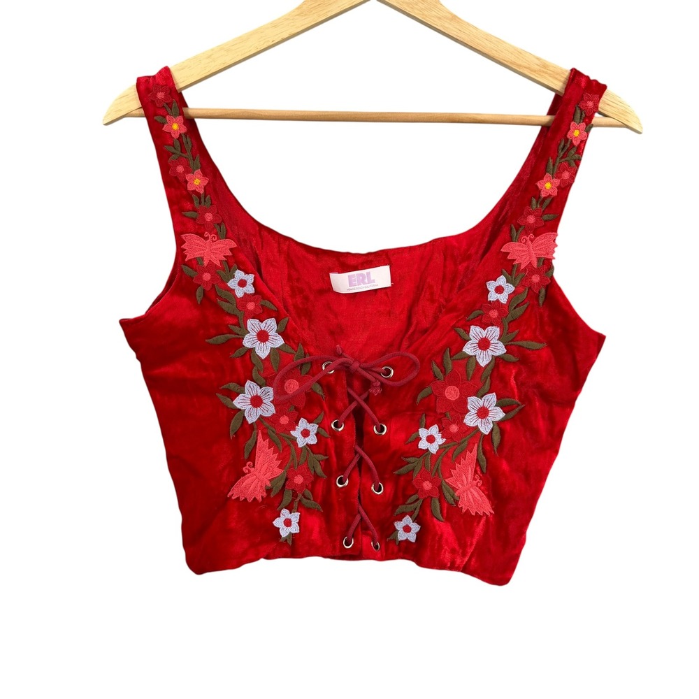 ERL Red Embroidered Lace Up Crop Top Floral Festival Boho Velvet Estimated‎ XS